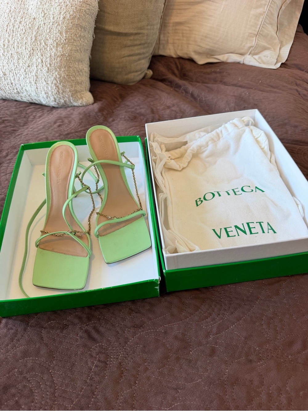 Bottega Veneta Pistachio Green Strappy Square-Toe Sandals with Chain Detail